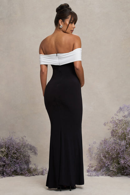In Bloom | Black & White Bardot Maternity Maxi Dress With Flower