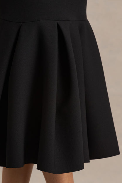 Liberty | Black High Neck Mermaid Midi Dress With Ruffling Detail