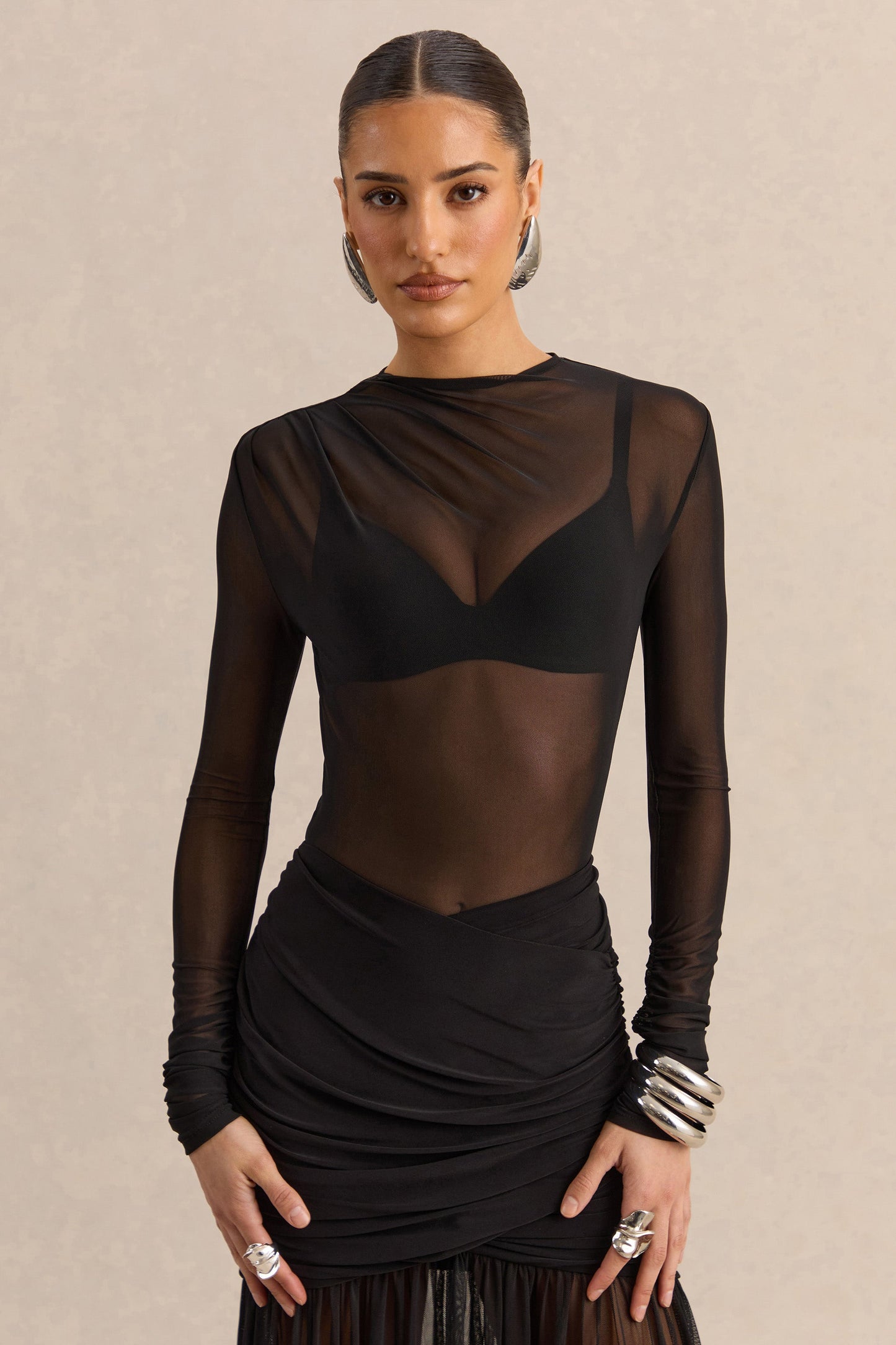 Garina | Black Mesh High-Neck Thong Bodysuit With Long-Sleeves