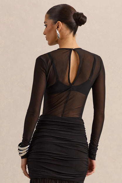 Garina | Black Mesh High-Neck Thong Bodysuit With Long-Sleeves