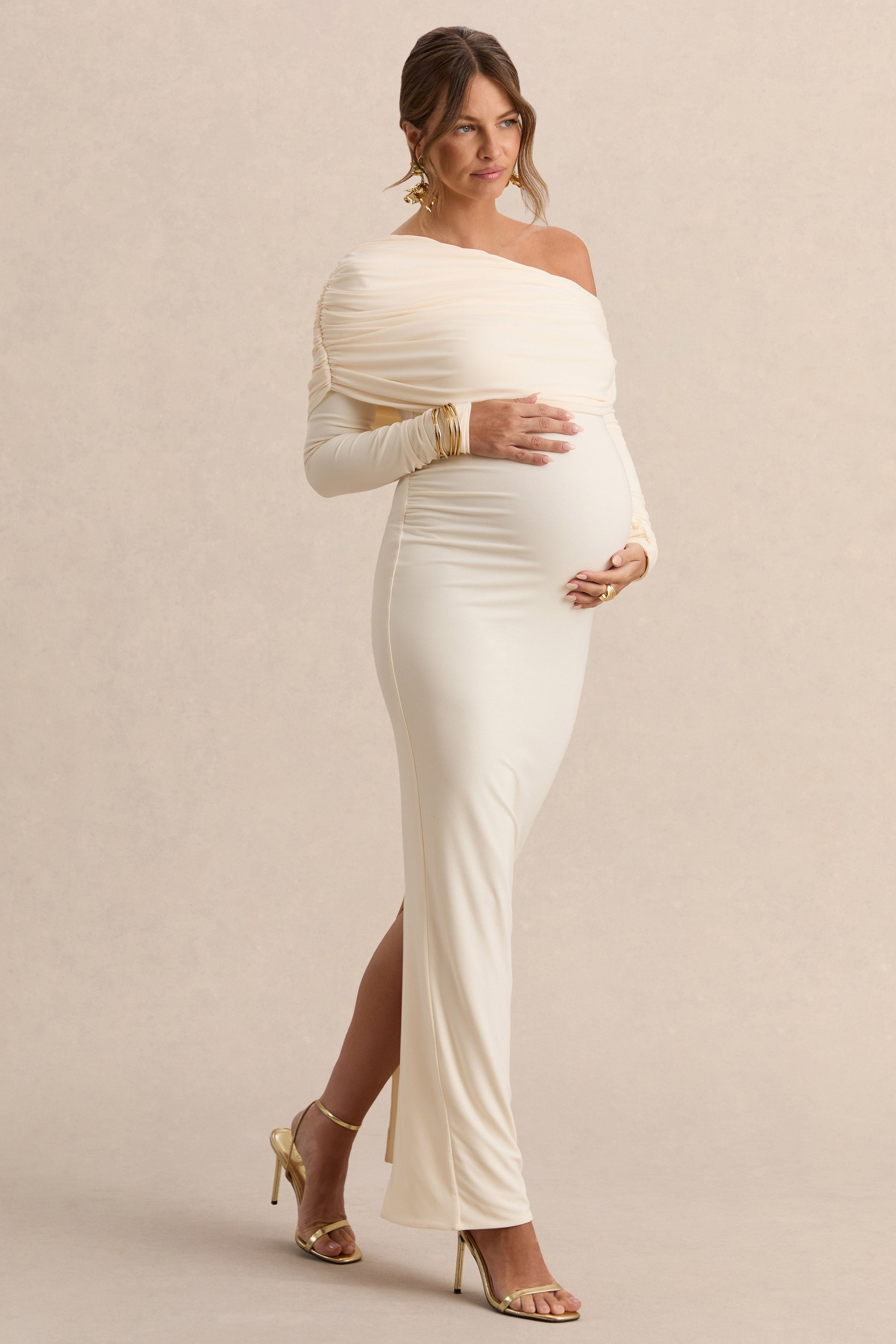 Carleigh | Cream Asymmetric-Neck Maternity Maxi Dress With Draped Detailing