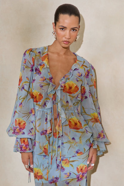 Alveta | Blue Floral Chiffon Sheer V-Neck Top With Ruffled Detailing