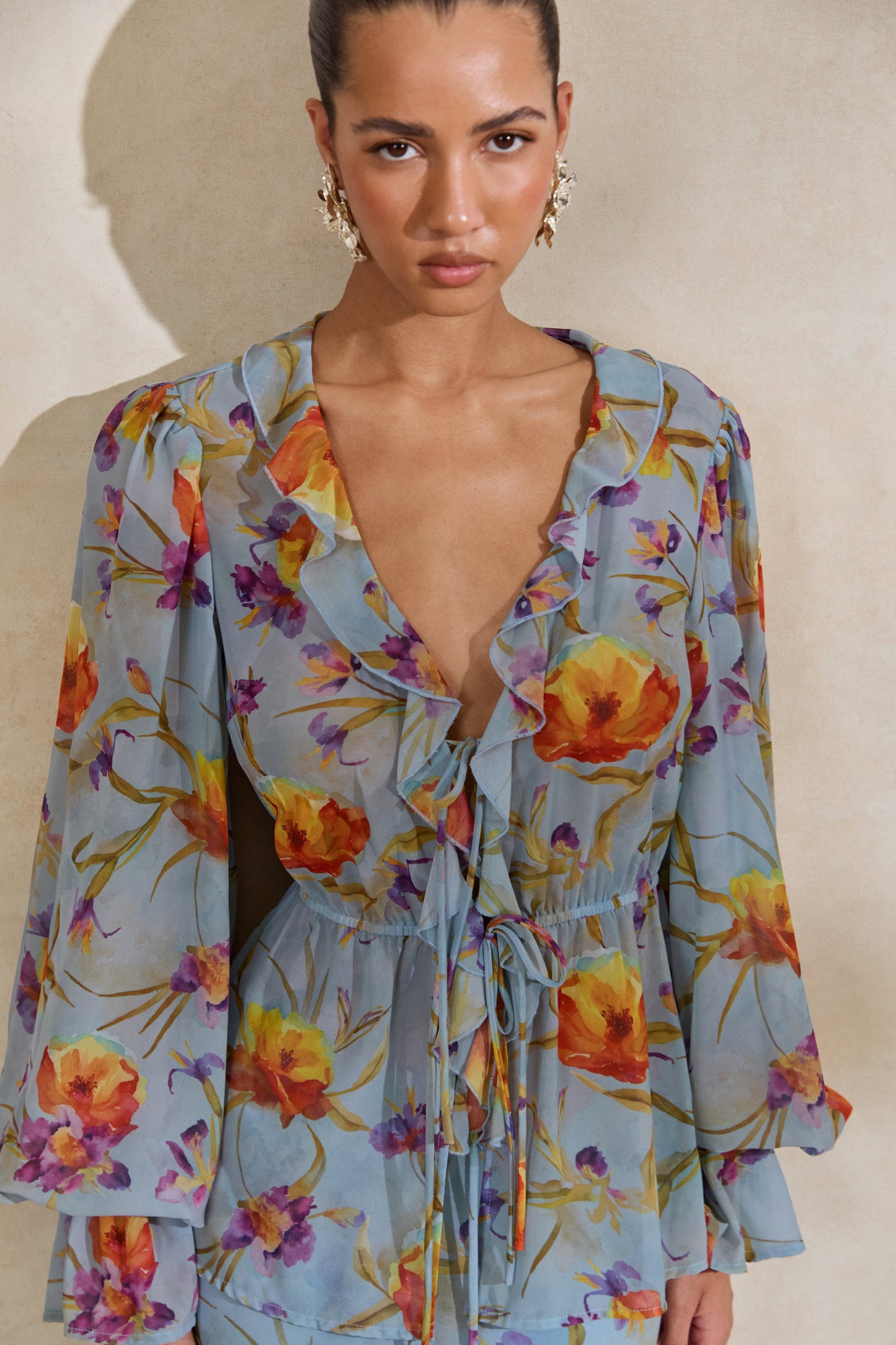 Alveta | Blue Floral Chiffon Sheer V-Neck Top With Ruffled Detailing