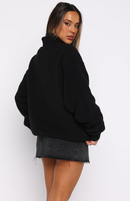 Hard To Stay Focused Teddy Borg Zip Front Sweater Black